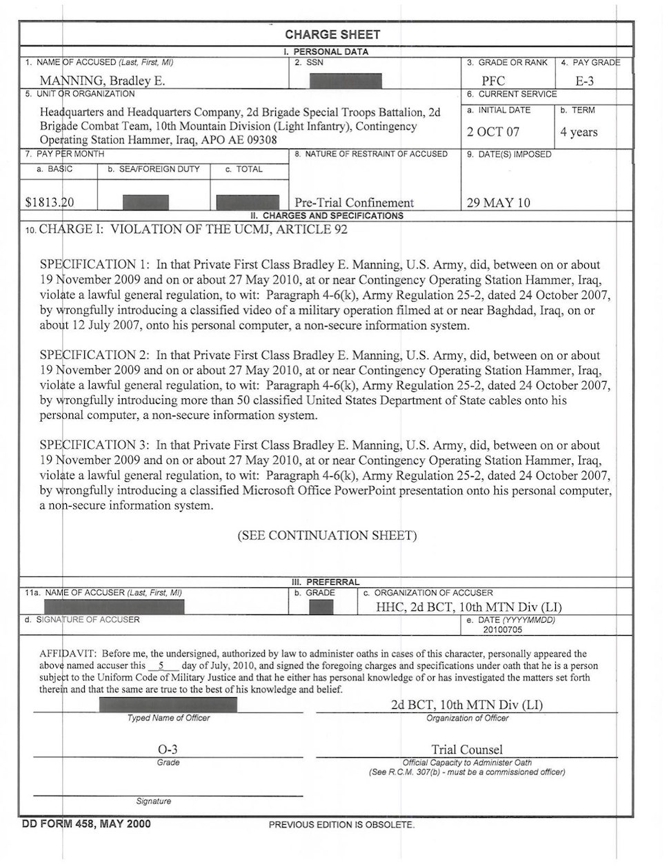 Manning charge sheet, page 1