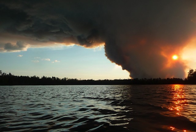 Photo of a fire over a lake