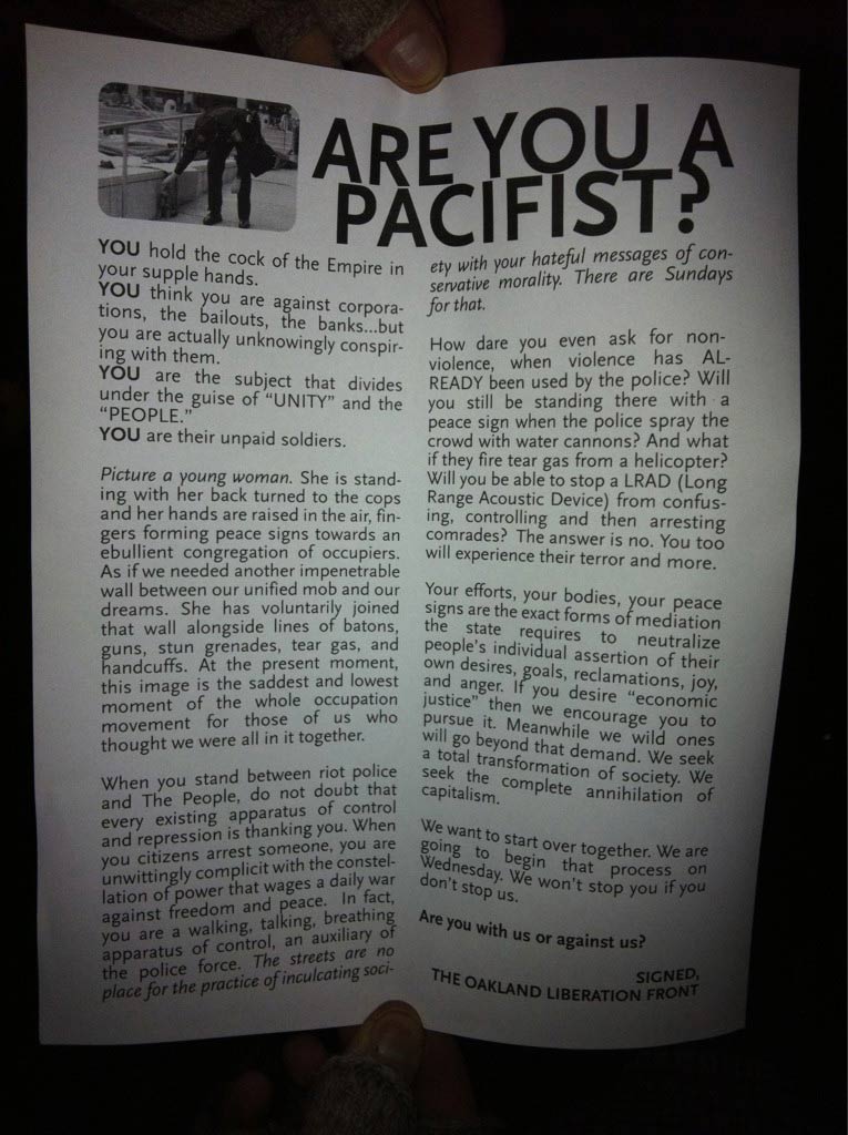 Provocateurs Circulate Anti nonviolence Flyers At Occupy Oakland Protests ooantipeace