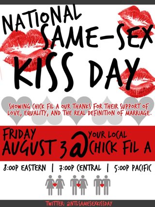 Tomorrow Same Sex Kiss Day At Chick Fil A Boing Boing