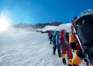 Hundreds of climbers, guides, and Sherpas trudge toward Camp IV on May 18.