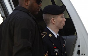 U.S. Army Pfc. Bradley Manning arrives at the courthouse during his court martial at Fort Meade in Maryland