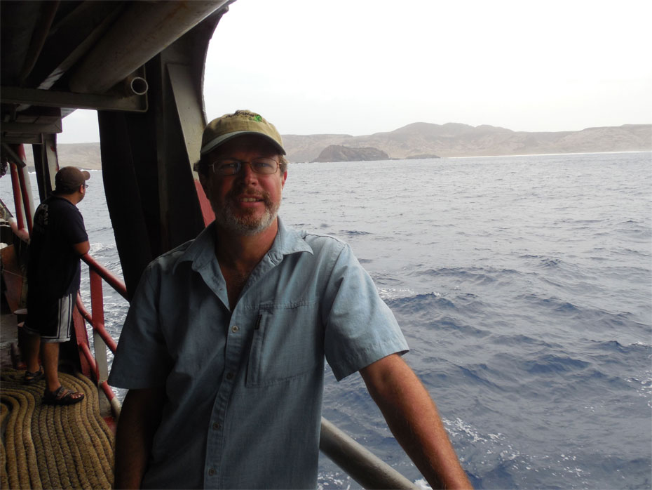 Mulcahy on his way to Clarion, a remote island off of the coast of Mexico and the one place in the world where the Clarion Nightsnake can be found. The Clarion Nightsnake, which was initially discovered in the first half of the 19th century and then struck from the scientific record, was rediscovered and declared a new species by National Museum of Natural History researcher Daniel Mulcahy and a team of Mexican scientists led by ecologist Juan Martínez-Gómez in May 2014. (Photo courtesy of Juan Martínez-Gómez )