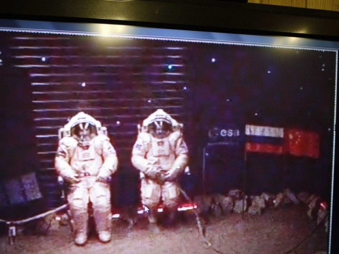 Photo: ESA. Diego Urbina and Alexandr Smoleevskiy resting before starting their first 'Marswalk' on 14 February 2011.