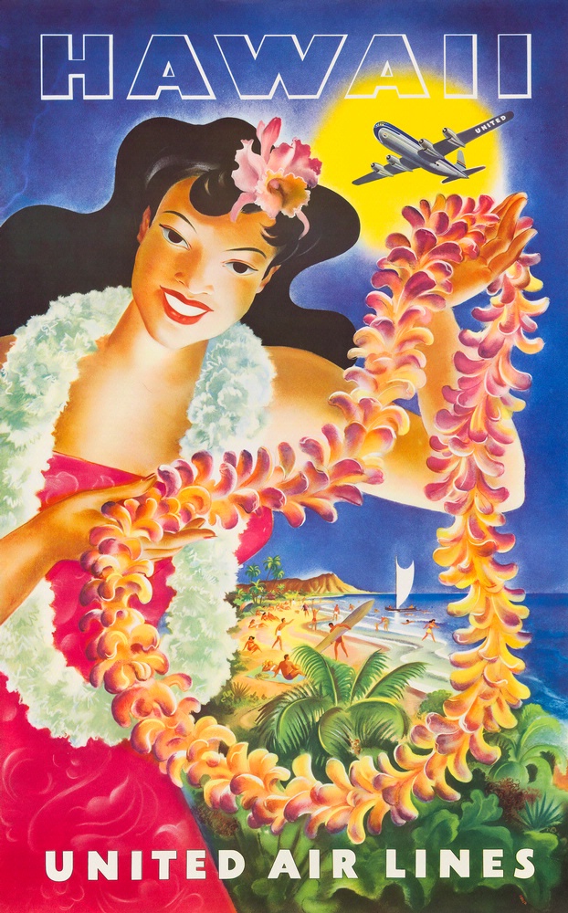 Hawiian woman holds a lei which frames a beach scene. A Boeing 377 Stratocruiser flies above scene and is backlit by the sun.