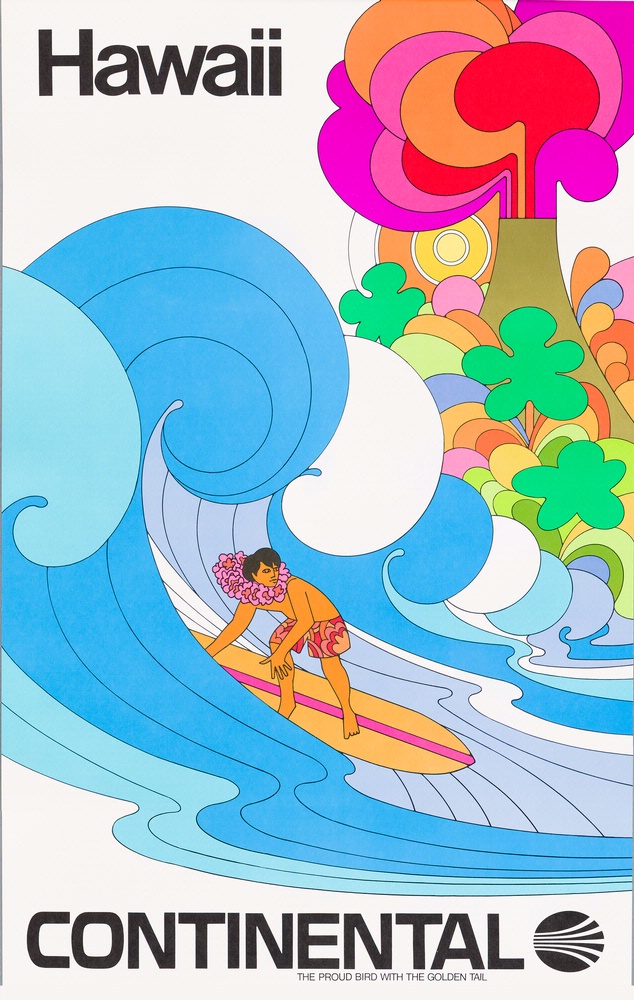 Continental Airlines travel poster for Hawaii, featuring a stylized image of a surfer in front of a volcanic island.