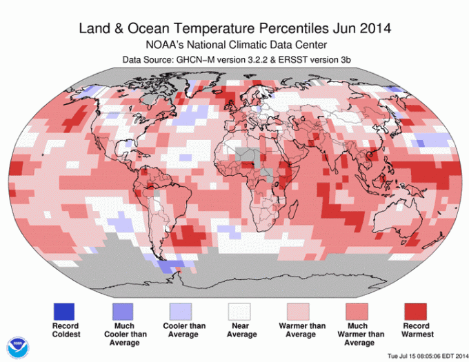 A map showing global temperature data for June 2014. National Climatic Data Center.
