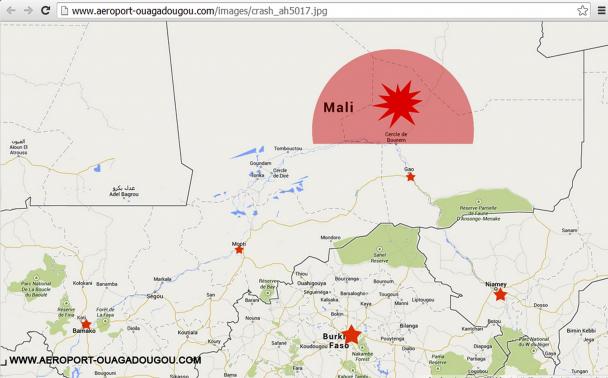 A screengrab of the homepage of the Ouagadougou airport's Internet site (http://www.aeroport-ouagadougou.com) shows a map displaying AH5017's last contact zone, July 24, 2014.