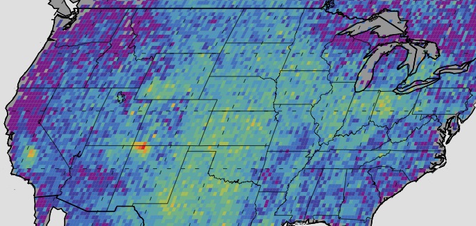 The Four Corners area (red) is the major U.S. hot spot for methane emissions in this map showing how much emissions varied from average background concentrations from 2003-2009 (dark colors are lower than average; lighter colors are higher). Image Credit: NASA/JPL-Caltech/University of Michigan