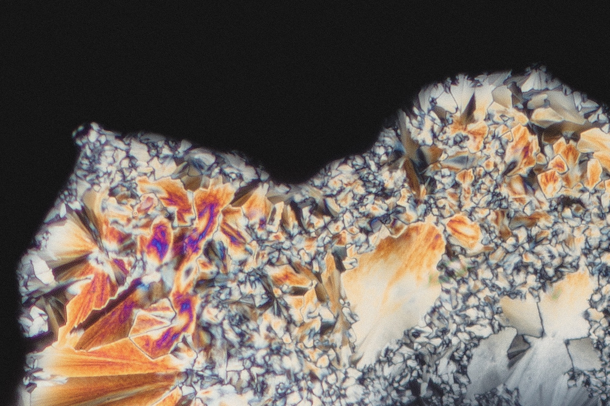 ∢ GHB Crystals ∅ Cross polarisation microscope with 100X enlargement.