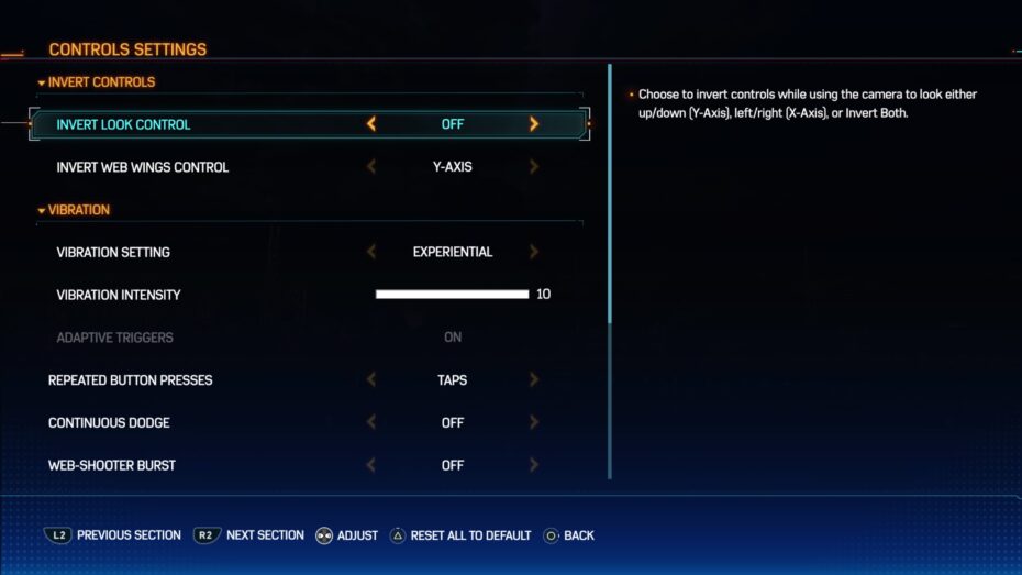 The Controls Settings menu in Marvel's Spider-Man 2.