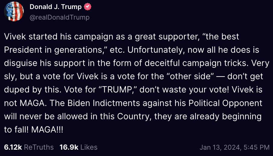 Trump dumps on Vivek: deceitful, sly, “not MAGA”